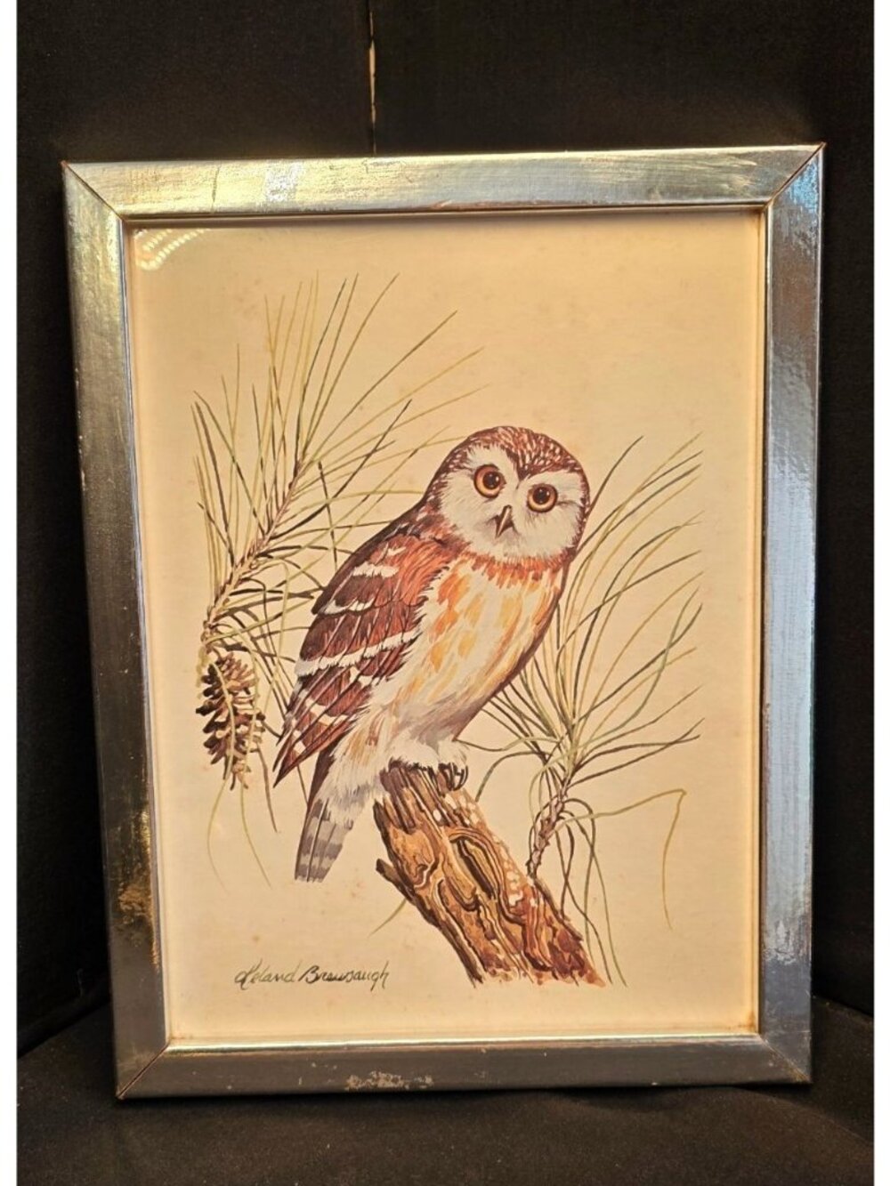 Vintage Silver Framed Owl on Branch Print 13x9" Wall Decor Retro